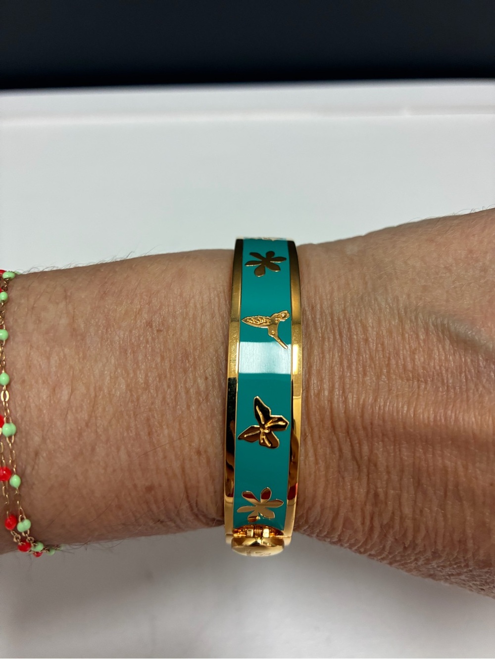 Johnny Was Gold and Teal Floral Hummingbird Enamel Bangle Bracelet